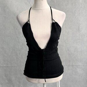 J CREW Women Chiffon Halter Deep V Neck Sheer Top Sz XS Black Occasion 36-12